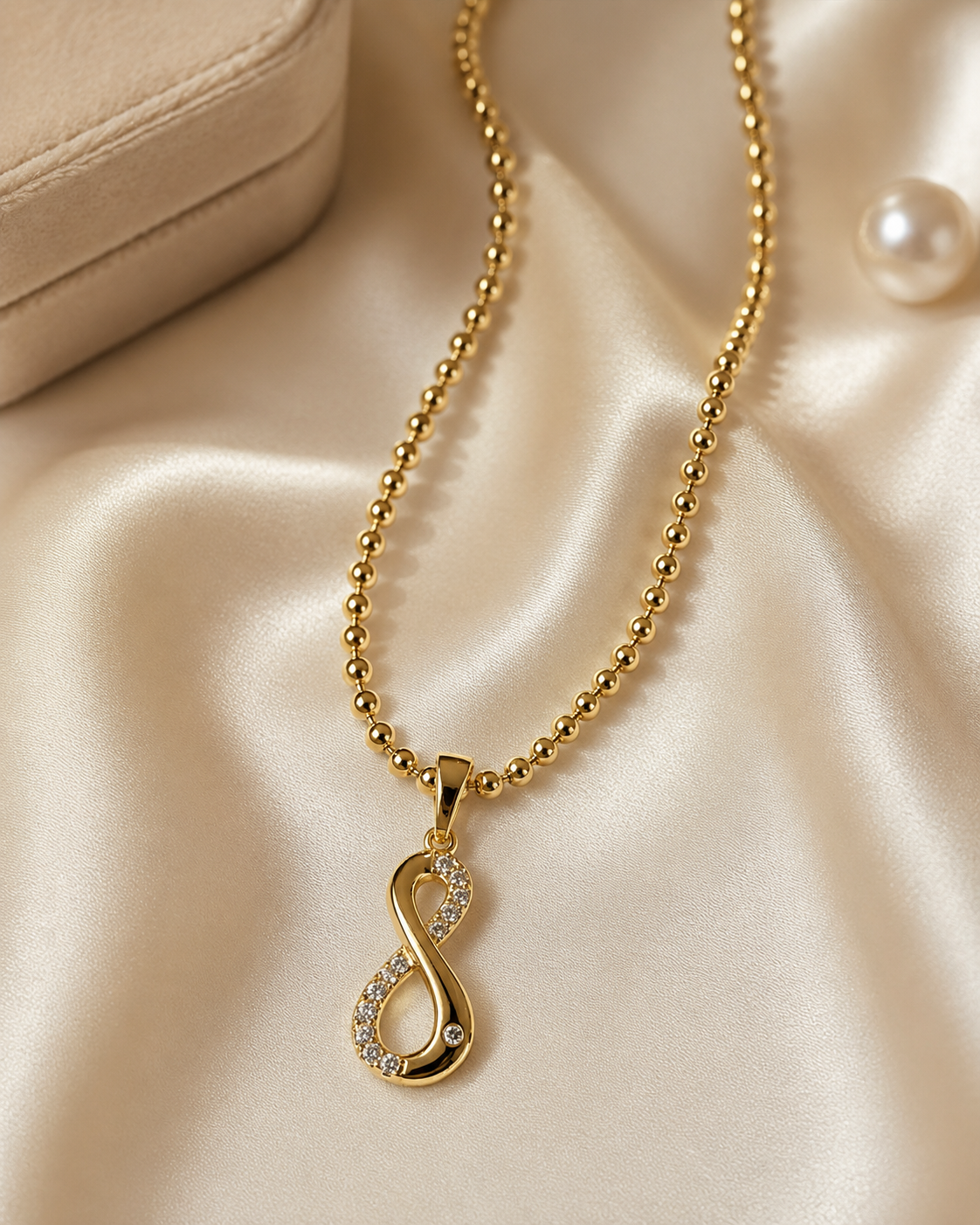 Collar Xuping Baño en Oro 18k Infinito con Cristales, Cadena Bolitas / Gold Plated Infinity Pendant Necklace,Ball Chain