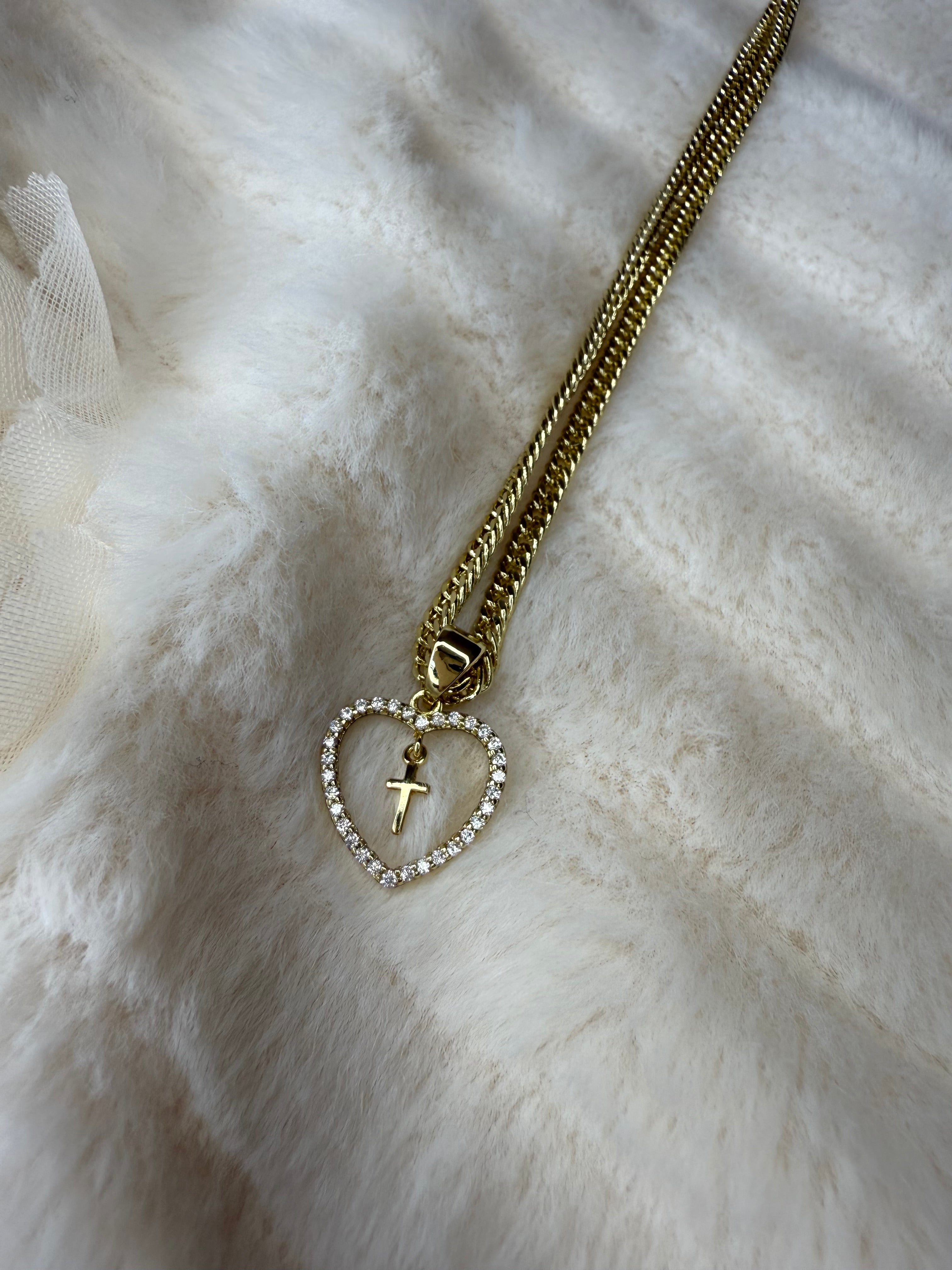 Collar Xuping Baño en Oro 18k Cadena Cubana Corazón con Cruz y Cristales / Gold Plated Curb Chain Heart Cross Pendant Necklace with Crystals