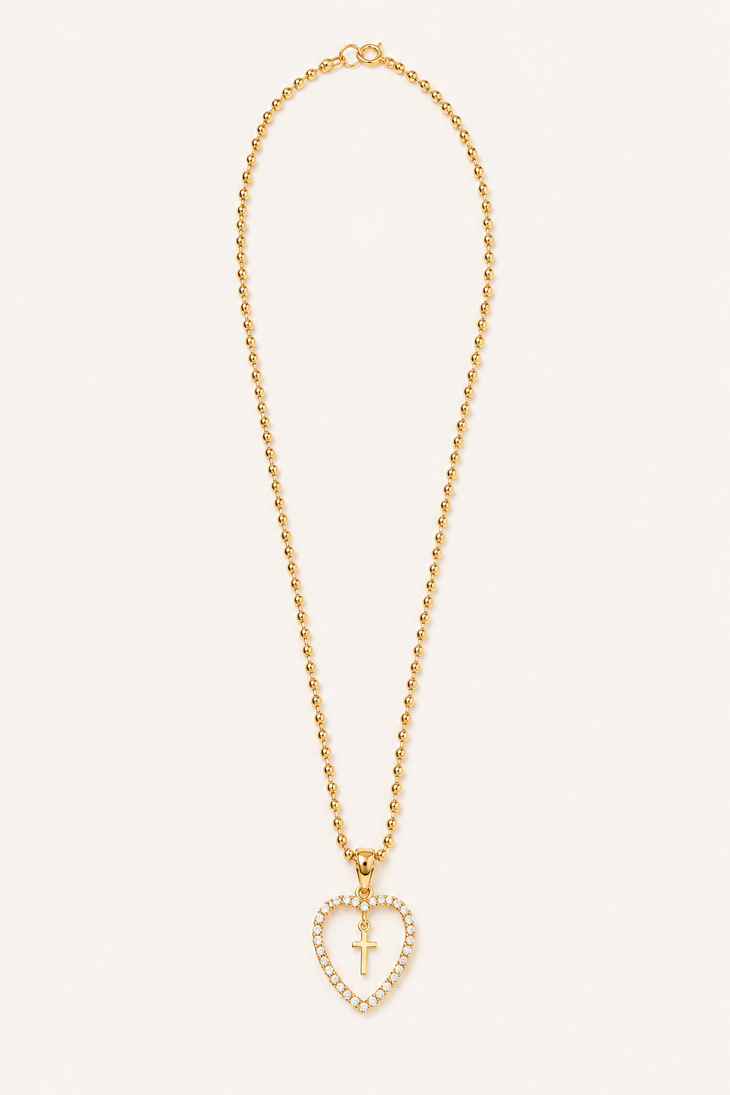 Collar Xuping Baño en Oro 18k Cadena de Bolitas Corazón con Cruz y Cristales / Gold Plated Ball Chain Heart Cross Pendant Necklace with Crystals