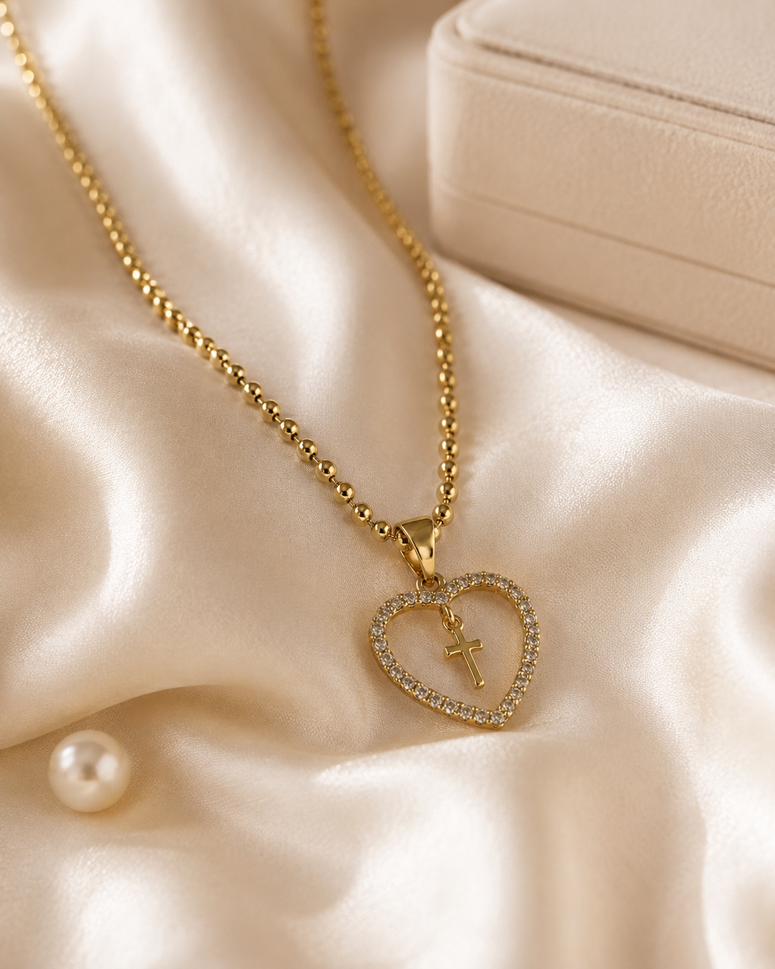 Collar Xuping Baño en Oro 18k Cadena de Bolitas Corazón con Cruz y Cristales / Gold Plated Ball Chain Heart Cross Pendant Necklace with Crystals