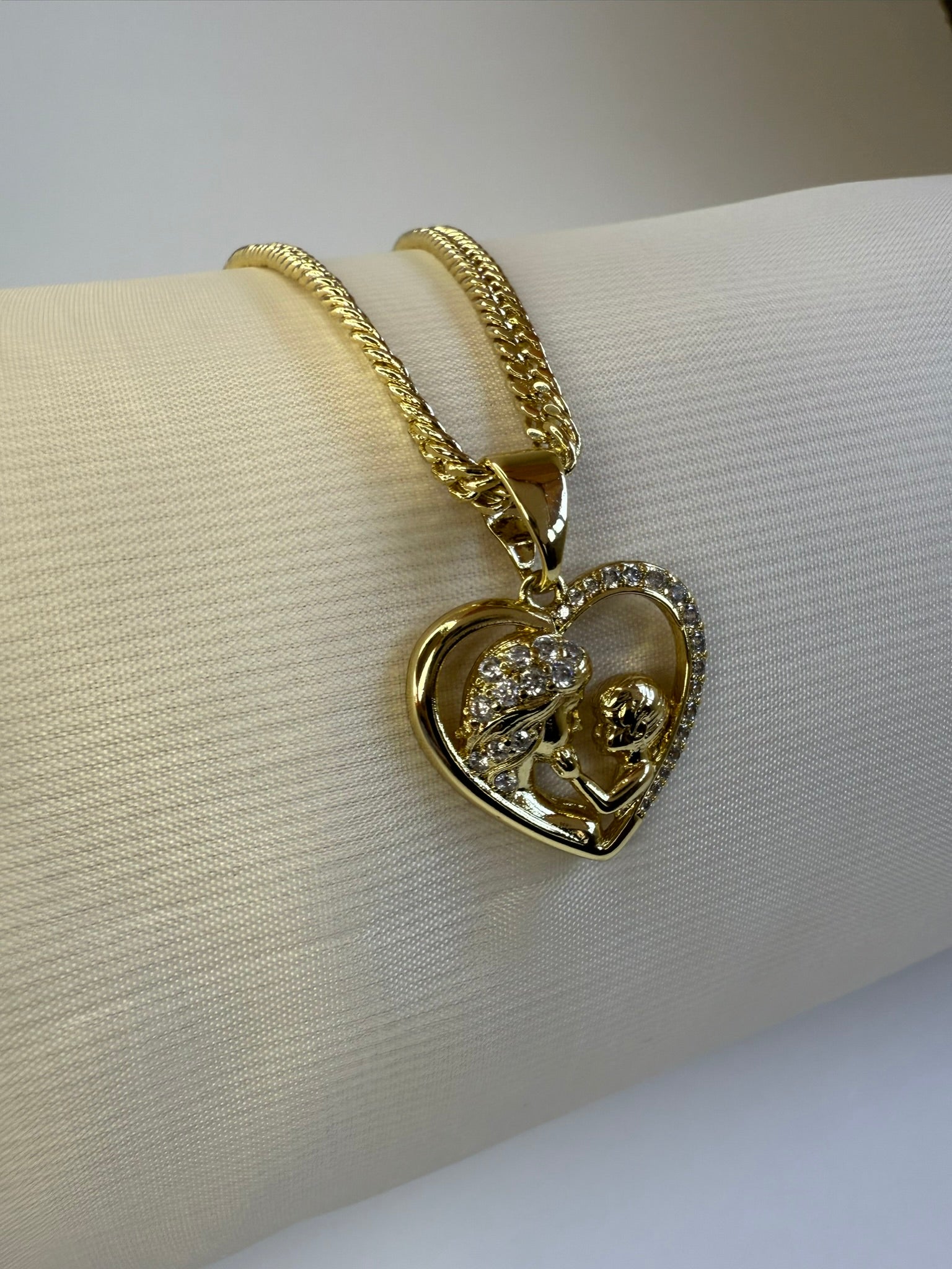 Collar Xuping Baño en Oro 18k Cadena Cubana Mamá e Hijo con Cristales / Gold Plated Curb Chain Mother and Child Pendant Necklace with Crystals