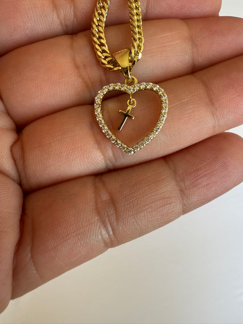 Collar Xuping Baño en Oro 18k Cadena Cubana Corazón con Cruz y Cristales / Gold Plated Curb Chain Heart Cross Pendant Necklace with Crystals