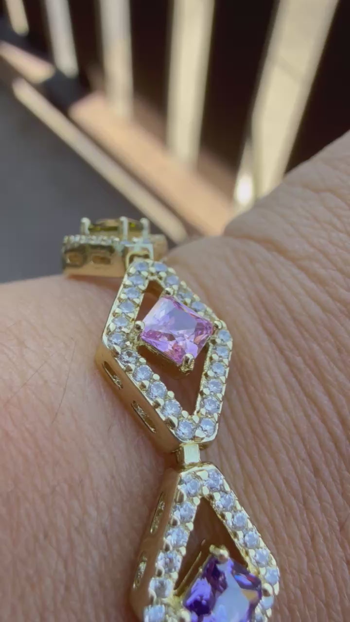 Pulsera Xuping Baño en Oro 18k Rombos con Cristales Multicolor / Gold Plated Diamond Shape Multicolor Bracelet