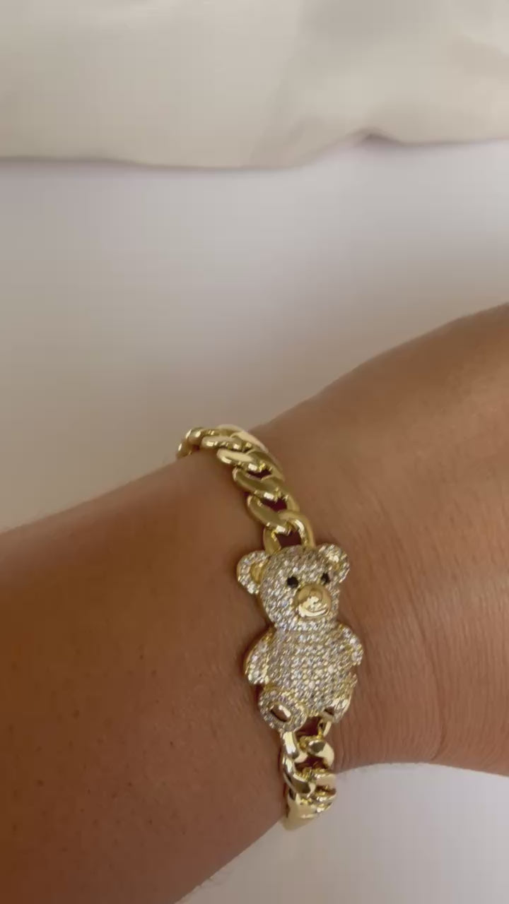 Pulsera Xuping Baño en Oro 18k Osito con Pavé de Cristales / Gold Plated Teddy Bear Bracelet