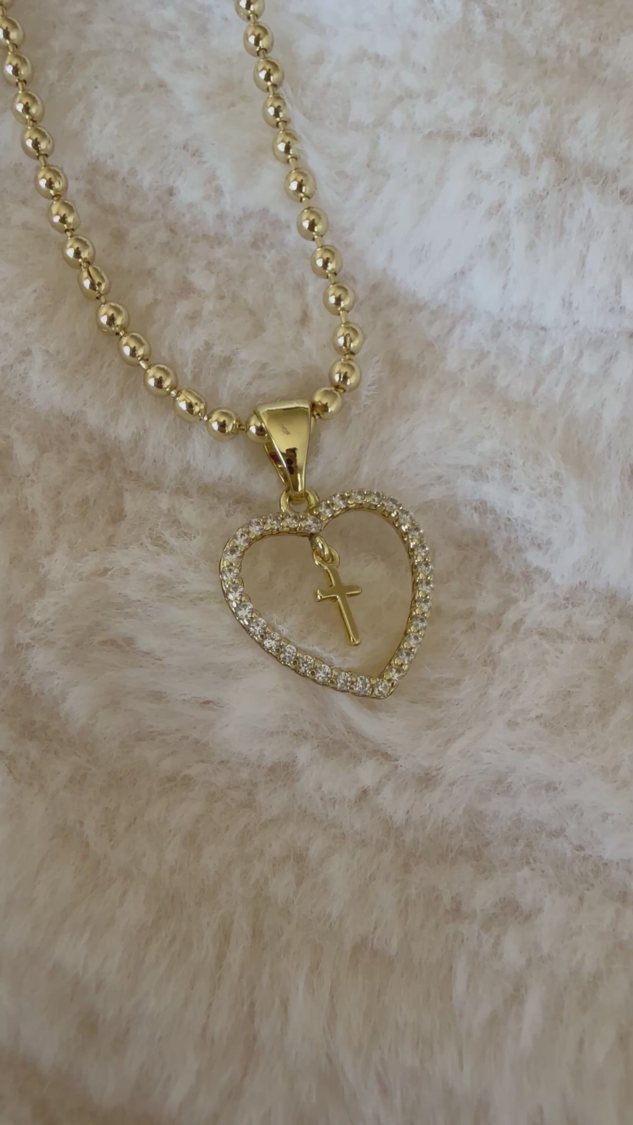 Collar Xuping Baño en Oro 18k Cadena de Bolitas Corazón con Cruz y Cristales / Gold Plated Ball Chain Heart Cross Pendant Necklace with Crystals